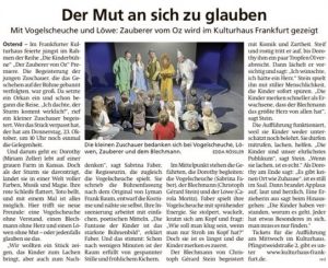 Artikel zur Aufführung von der Zauberer von Oz in der FNP 20.10.25