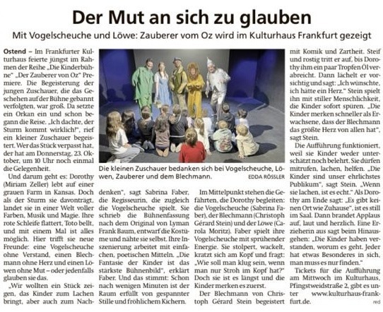 Artikel zur Aufführung von der Zauberer von Oz in der FNP 20.10.25
